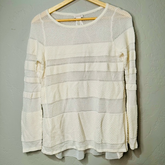 Cache Eyelet Sweater Moonchild Stripe Sheer Detailing Ivory Cream SZ Large - Picture 3 of 12